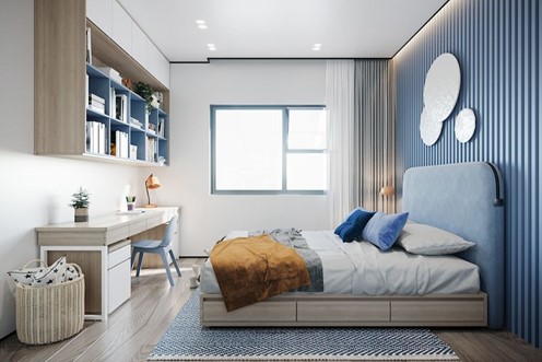 Phòng ngủ con trai với bảng màu xanh - trắng kết hợp hài hòa trong nhà vườn 1 tầng mái Thái