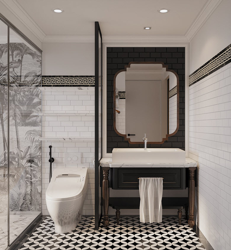 Phòng tắm phân tách với khu vực vệ sinh bởi vách kính trong suốt. Tranh tường phong cách nhiệt đới mang lại cảm giác thư giãn, dễ chịu.