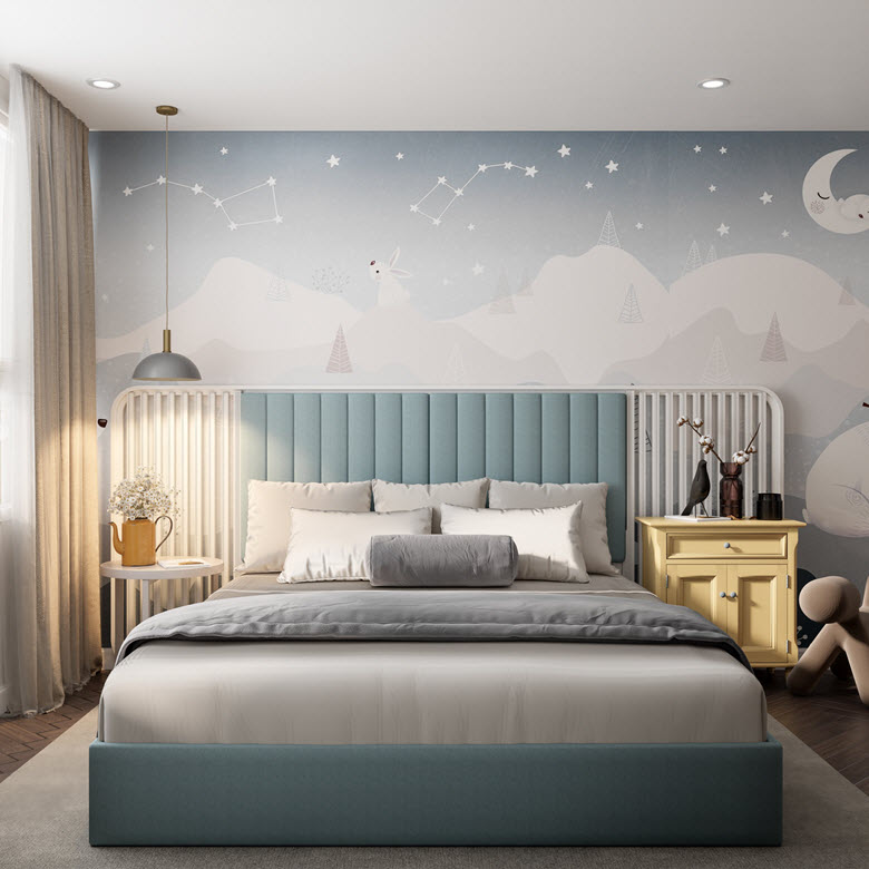 phòng ngủ với tường đầu giường màu xanh dương đẹp mê