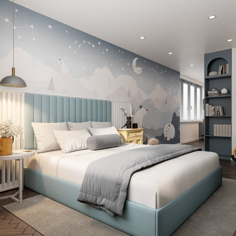 Tường đầu giường decor xinh yêu với họa tiết ngộ nghĩnh, dễ thương hài hòa cùng sắc xanh dương trẻ trung, nhẹ nhàng.