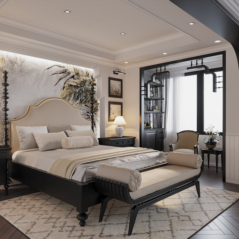 Các phòng ngủ trong căn hộ này đều đón được ánh sáng tự nhiên ấm áp, giúp làm nổi bật các đường nét thiết kế của nội thất Indochine.