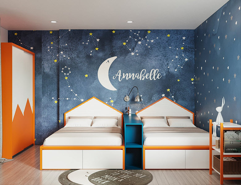 Thiết kế phòng ngủ giường đôi cực ấn tượng dành cho hai cậu con trai. Bảng màu cam rực rỡ tạo điểm nhấn khiến căn phòng như sáng bừng sức sống.