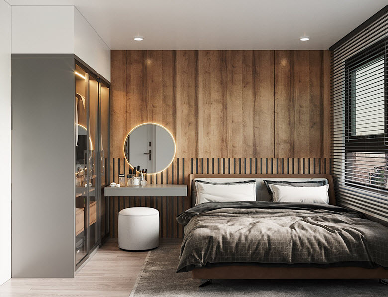 Phòng ngủ master tông màu xám trung tính với đầu giường ốp gỗ vừa sang trọng, vừa tạo cảm giác ấm áp.