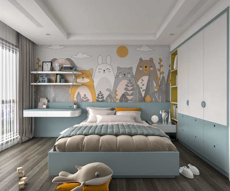 Phòng ngủ trẻ em luôn là điểm nhấn sinh động của thiết kế nội thất căn hộ chung cư. Hẳn các bé sẽ mê mệt với deocor xinh yêu này.