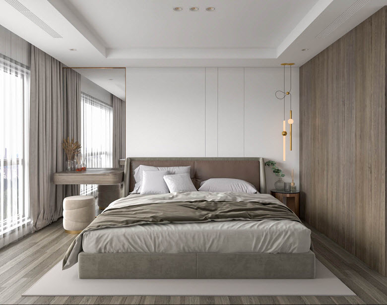 Đối với phòng ngủ master, kiến trúc sư sử dụng bảng màu ghi xám sáng hơn, tươi mới hơn so với không gian sinh hoạt chung.