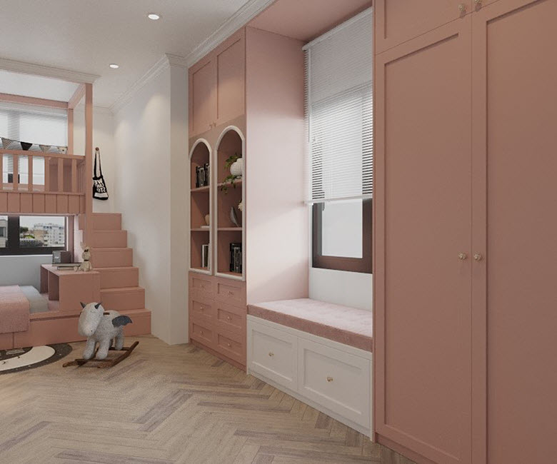 góc phòng ngủ với tủ quần áo màu hồng kịch trần, cầu thang giường tầng cùng tông màu