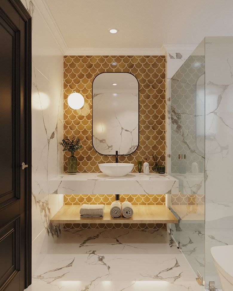 Một phòng tắm khác trong nhà phố với thiết kế thiên về hiện đại hơn, tuy nhiên vẫn đảm bảo sự hài hòa với tổng thể.