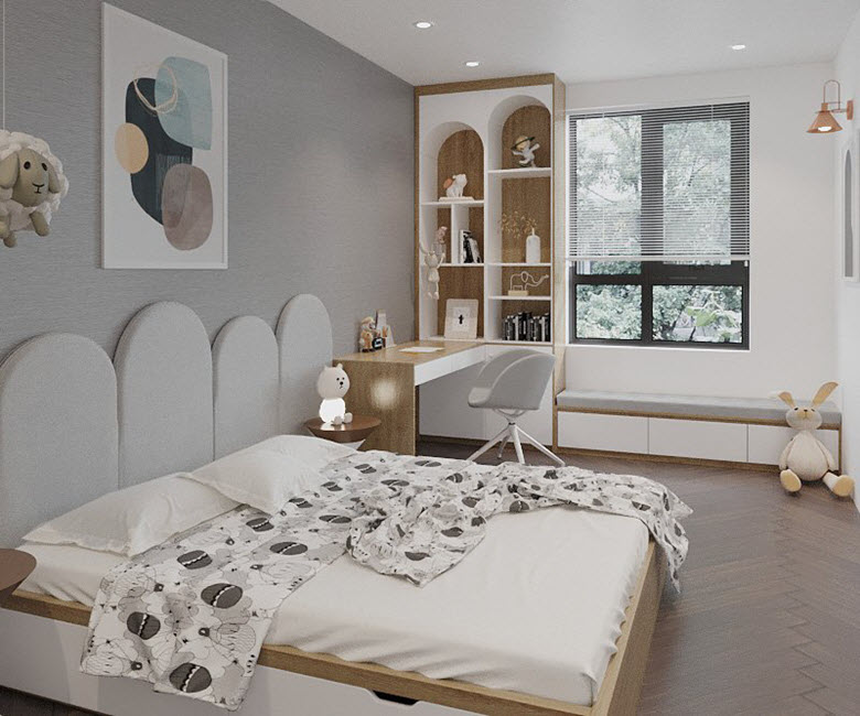 Phòng ngủ thứ hai được thiết kế với bảng màu và đường nét trẻ trung, tươi mới hơn nhưng vẫn đảm bảo sự hài hòa với tổng thể chung.