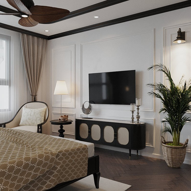Phòng ngủ master được trang bị đầy đủ các tiện ích thư giãn, giải trí.