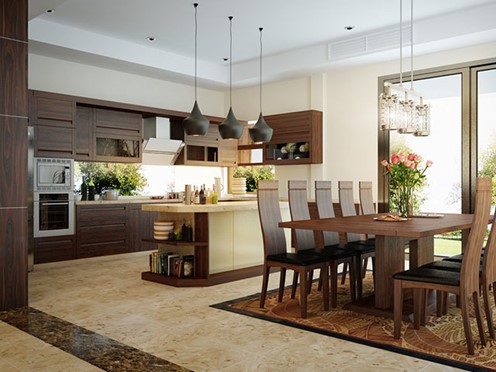 Phòng bếp và phòng ăn được sử dụng chất liệu gỗ óc chó cho tông màu trầm tạo sự sang trọng và ấm cúng cho không gian nấu nướng.