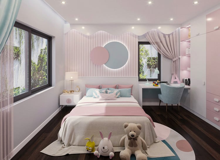 Phòng ngủ con gái được thiết kế với tông màu hồng pastel nhẹ nhàng, xinh yêu.