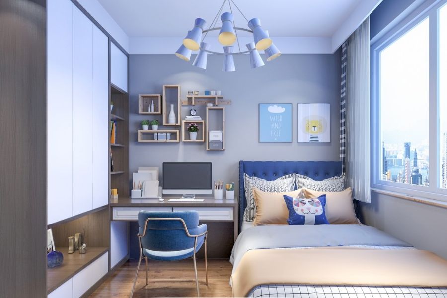 Nội thất phòng ngủ bé trai được thiết kế với tông màu chủ đạo xanh dương kết hợp màu trắng tạo sự độc đáo và cá tính.