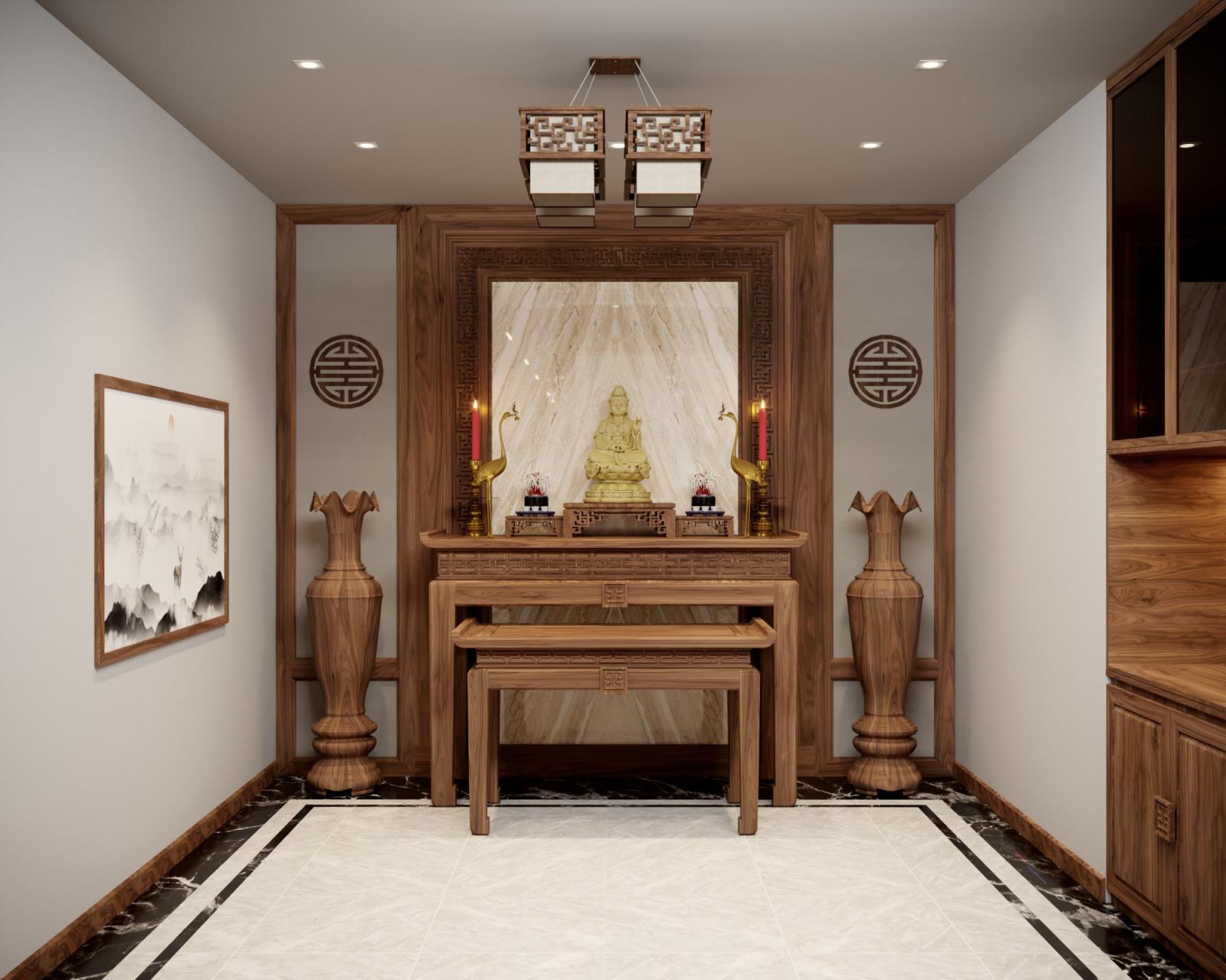 Không gian phòng thờ trang nghiêm thể hiện lòng tôn kính với các bậc tổ tiên.