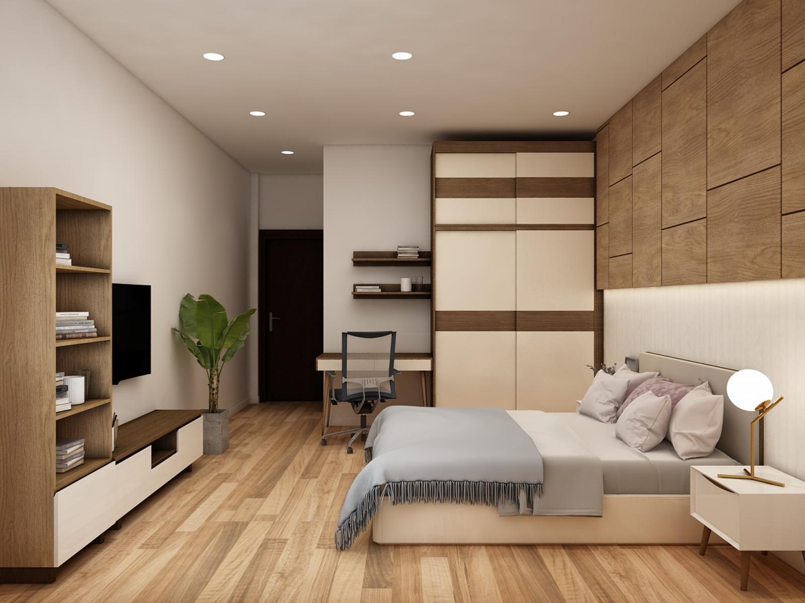 Phòng ngủ master được thiết kế nội thất đồng điệu về màu sắc giúp căn phòng trở nên sang trọng, thoáng rộng hơn.