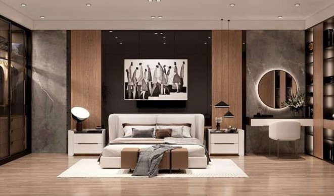 Phòng ngủ master thiết kế sang trọng, hiện đại, diện tích rộng rãi tích hợp phòng thay đồ.