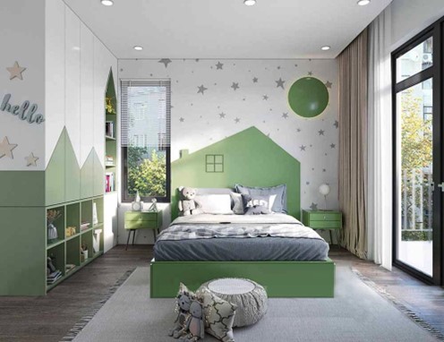 Phòng ngủ bé trai được thiết kế gam màu xanh tươi sáng, không gian thoáng mát.