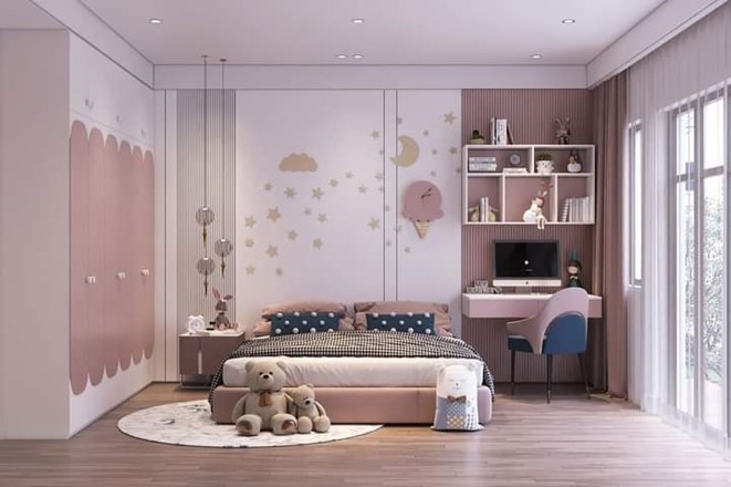 Phòng ngủ bé gái được thiết kế theo phong cách hiện đại đơn giản mà vẫn đảm bảo tiện ích. Sắc hồng tím pastel hẳn sẽ khiến bé thích mê. 
