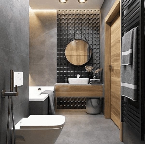 Phòng tắm được thiết kế sen âm tường, tủ chậu treo tường giúp tiết kiệm diện tích mà vẫn đảm bảo tiện ích.