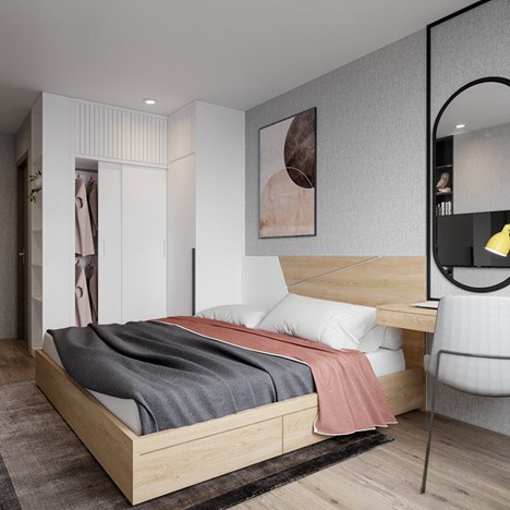 Không gian phòng ngủ hiện đại trẻ trung được phối hài hòa giữa tủ màu trắng, giường vân gỗ sáng tương phản với đầu giường được phủ giấy màu xám.