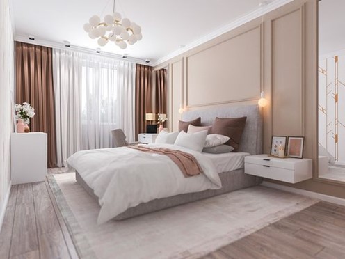 Phòng ngủ master sang trọng, với tông màu trung tính trang nhã. Rèm cửa hai lớp lãng mạn, giúp điều tiết linh hoạt ánh sáng tự nhiên vào phòng.