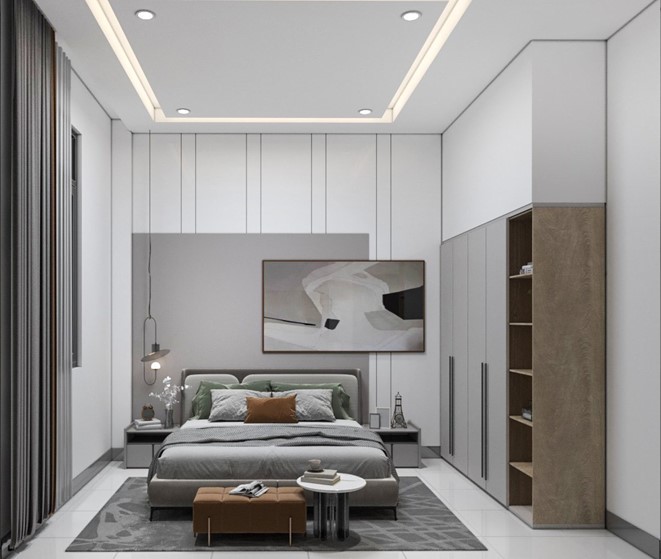 Phòng ngủ master với tông màu trung tính nền nã, thiết kế nội thất đơn giản mà vẫn đầy đủ tiện nghi hiện đại.