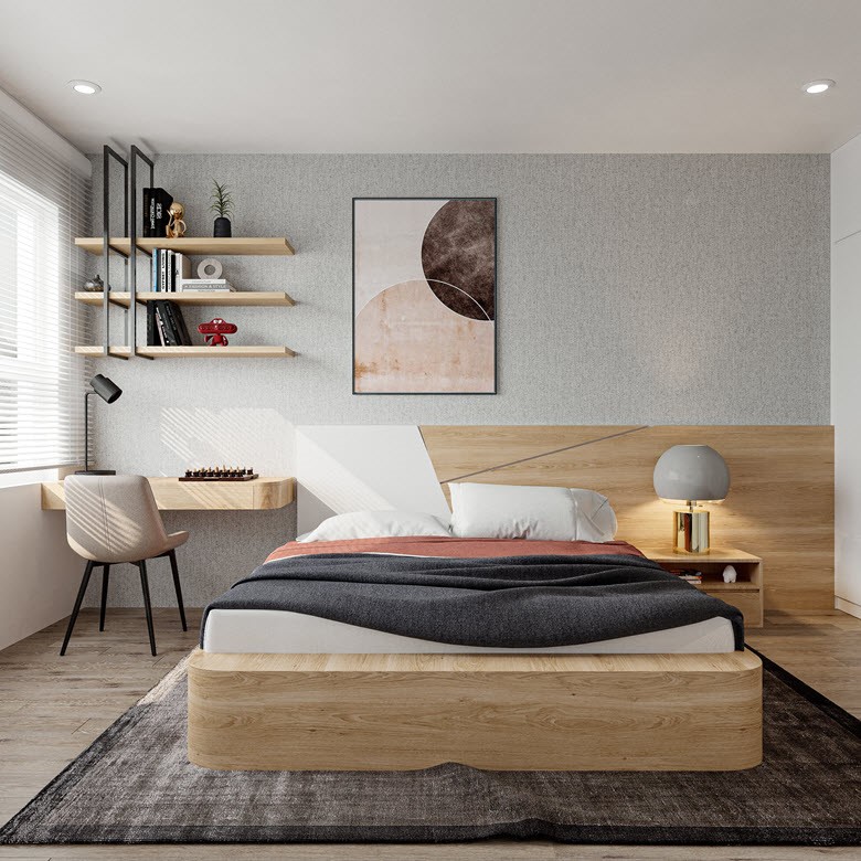 Hệ giường rộng, giữ nguyên được nét đẹp của vân gỗ, kết hợp với đầu giường được dán giấy màu ghi tạo cảm giác nhẹ nhàng, ấm áp cho tổng thể không gian.