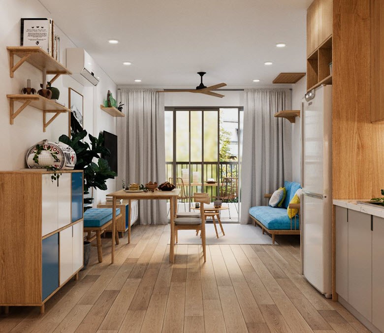 Không gian phòng khách ấn tượng với bộ sofa gỗ lộ khung bọc nỉ màu xanh nổi bật. Bàn trà và kệ tivi nhẹ nhàng hiện đại. Điểm nhấn nhá đặc biệt trong không gian khách bếp này là màu xanh được phối kết hài hòa.