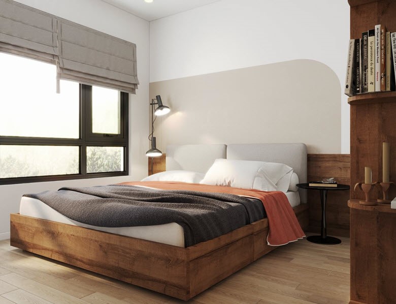 Phòng ngủ master với màu nâu gỗ đặc trưng làm điểm nhấn ấm áp, thân thiện.