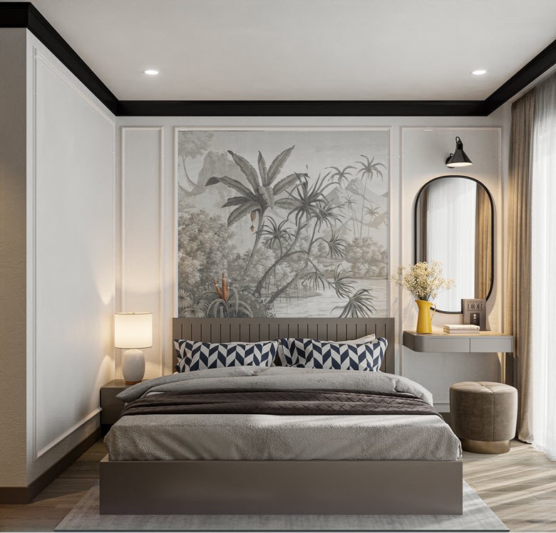 Phòng ngủ master với gam màu trắng làm chủ đạo, giúp không gian trở lên rộng hơn. Đầu giường với bức tranh rừng nhiệt đới ấn tượng.