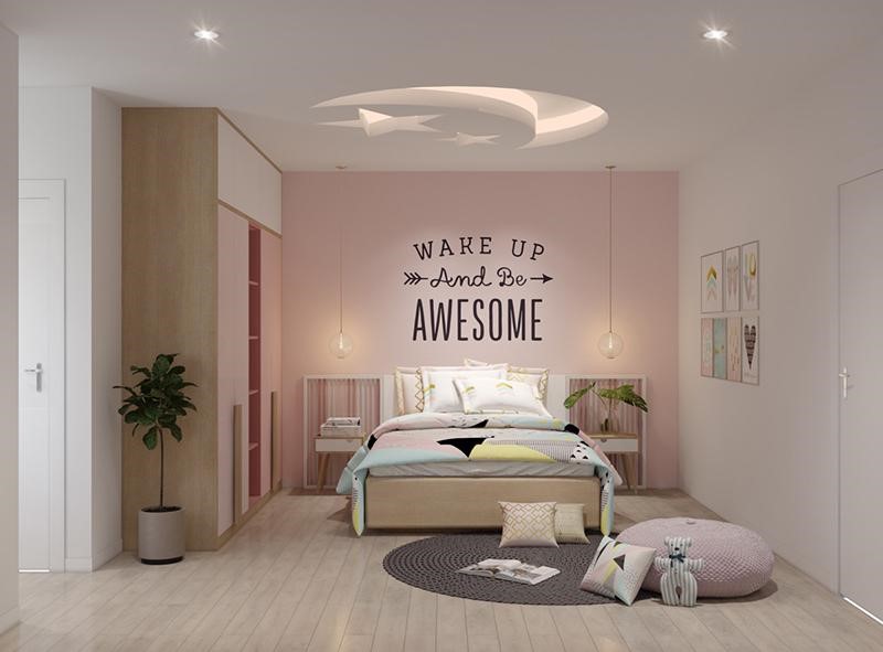 Thiết kế nội thất phòng ngủ bé gái với gam màu pastel nhẹ nhàng, nữ tính.