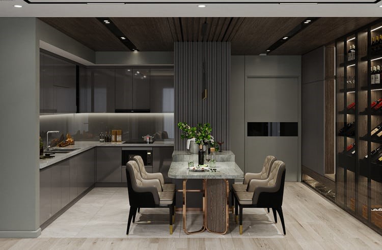 Không gian phòng bếp được thiết kế gam màu trầm, đầy đủ tiện ích, điểm nhấn là tủ rượu vang.