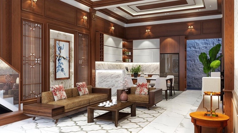 Thiết kế phòng khách kết hợp hài hòa phong cách cổ điển và hiện đại.