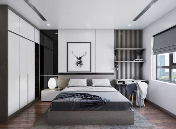 Phòng ngủ master được thiết kế theo phong cách hiện đại, sử dụng gam màu trung tính cùng khung cửa lớn tạo không gian thông thoáng tối đa.