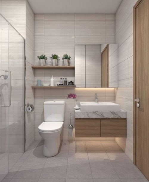 Phòng vệ sinh phong cách hiện đại tối giản với đủ đầy tiện ích thiết yếu.