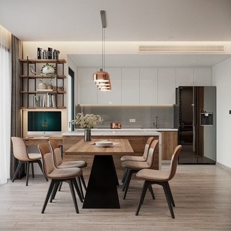 Tủ bếp được thiết kế kịch trần, màu sắc đồng nhất với màu tường và thạch cao mang lại cảm giác thông thoáng hơn cho không gian.
