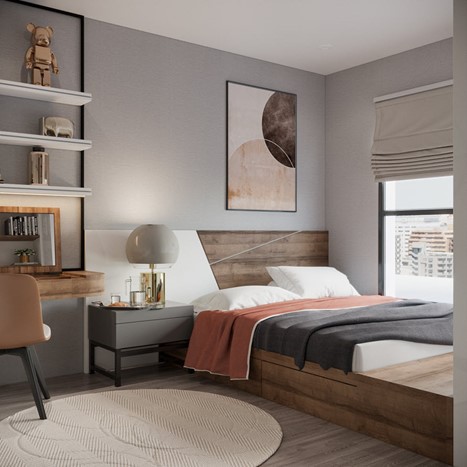 Phòng ngủ master được thiết kế tối ưu với giường ngủ kịch tường. Thêm ngăn chứa đồ rộng rãi giúp gia chủ luôn có nhiều không gian chứa đồ ít dùng.