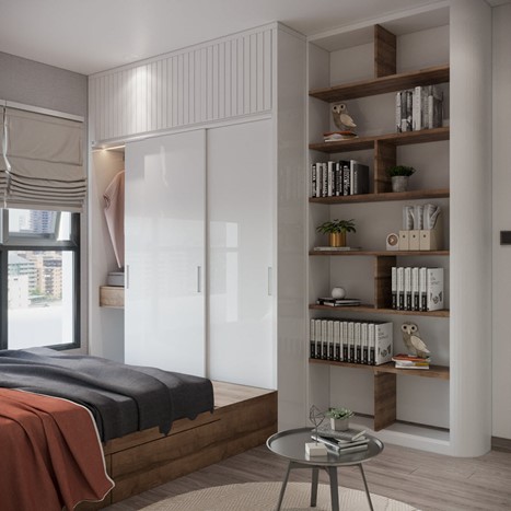 Giường được kết nối trực tiếp với hệ thống tủ quần áo và tủ sách giúp không gian phòng ngủ trở nên gọn gàng, ngăn nắp hơn.