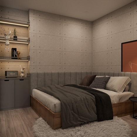 Cạnh giường là tủ đựng đồ, được trang trí đồ decor nhỏ xinh với đèn LED chạy quanh.