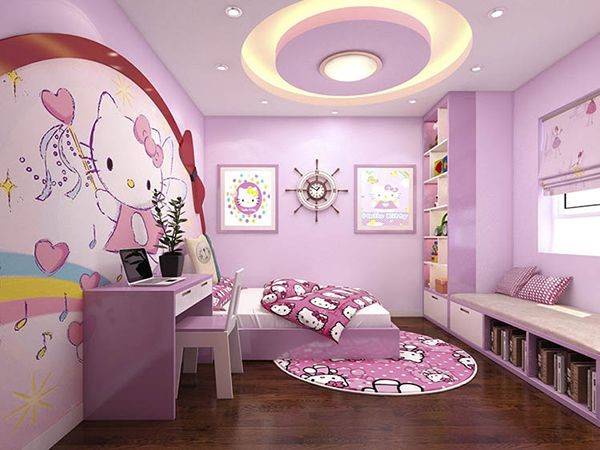Phòng ngủ con gái được thiết kế với gam màu hồng tím và điểm nhấn chú mèo hello kitty.