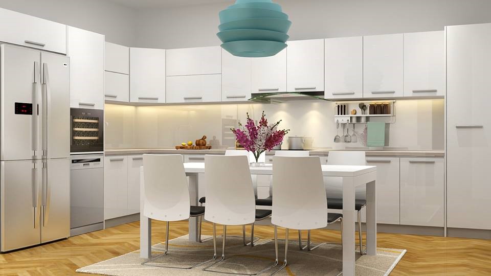 Phòng bếp kết hợp phòng ăn được thiết kế với gam màu trắng trẻ trung, sang trọng.