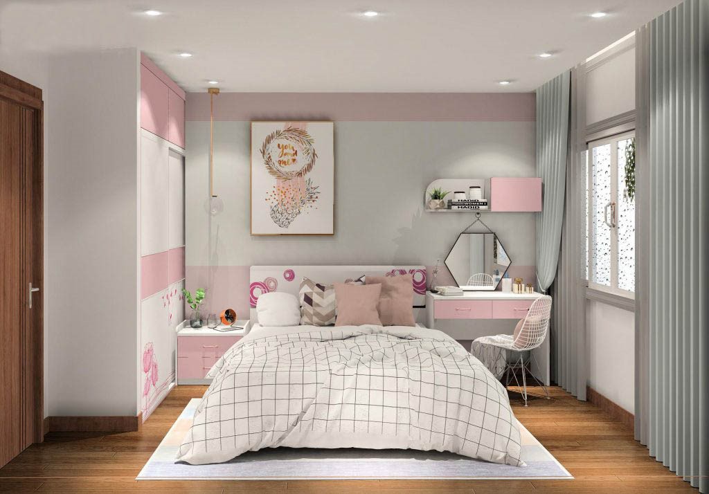 Phòng ngủ bé gái được thiết kế màu hồng nhạt kết hợp màu trắng tạo không gian nhẹ nhàng, xinh yêu phù hợp với độ tuổi của trẻ.