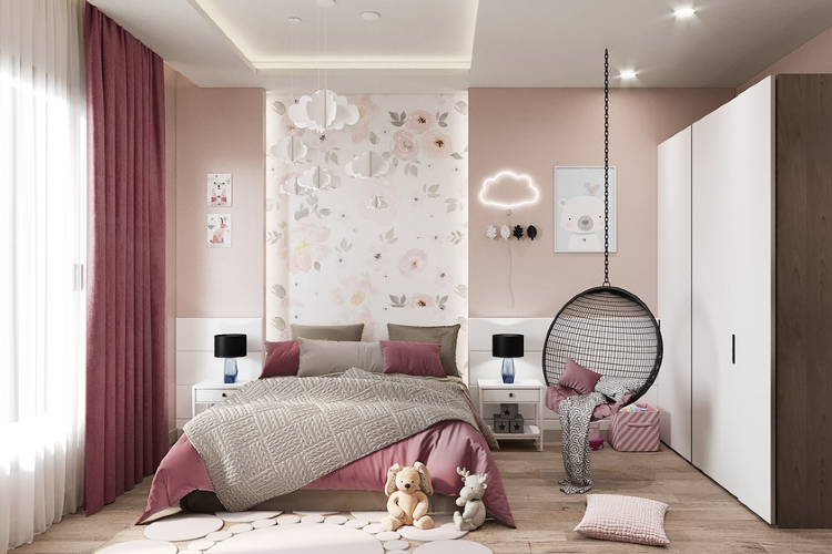 Phòng ngủ bé gái được thiết kế với gam màu hồng, trắng dễ thương.