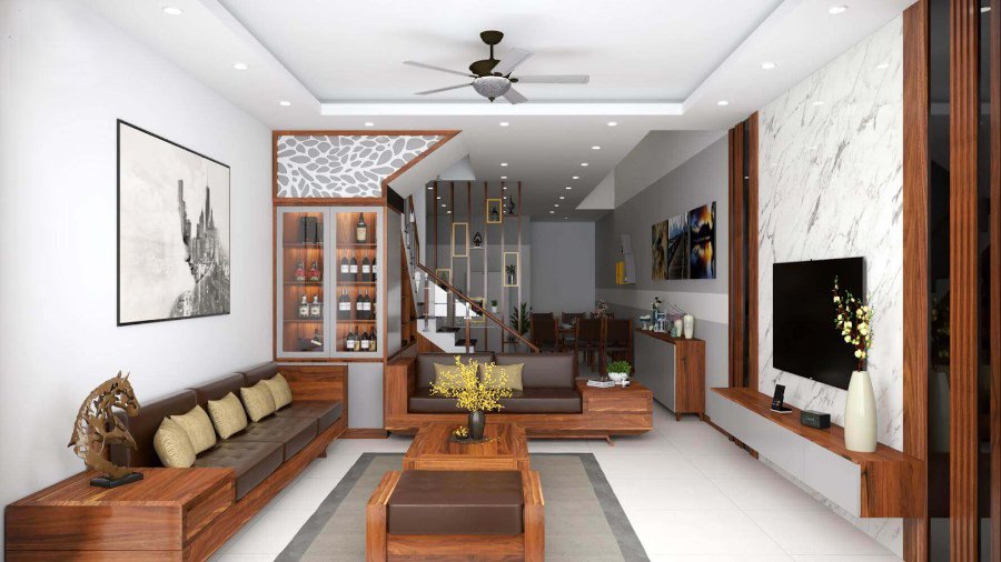 Gam màu nâu gỗ được sử dụng làm điểm nhấn trong tổng thể không gian nội thất phòng khách hiện đại, tạo vẻ đẹp sang trọng rất riêng cho không gian mà nó hiện diện.