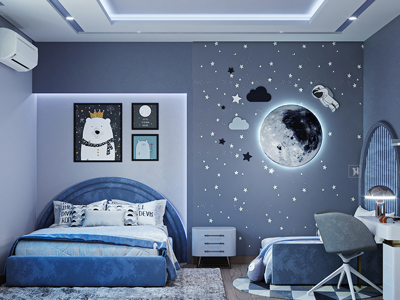 Phòng ngủ bé trai sử dụng gam màu xanh biển cá tính, nhưng vẫn tạo cảm giác nhẹ nhàng, dịu êm cho không gian ngủ nghỉ của trẻ.