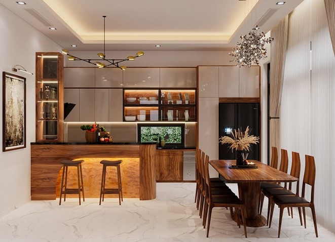 Phòng bếp thiết kế theo phong cách hiện đại với nội thất gỗ tông màu nâu trầm tạo điểm nhấn ấm áp, gần gũi.