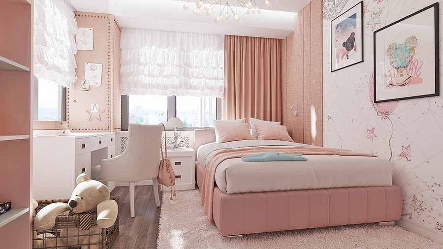 Phòng ngủ con gái màu hồng được thiết kế khoa học đảm bảo không gian rộng rãi, thông thoáng cho trẻ học tập, nghỉ ngơi.