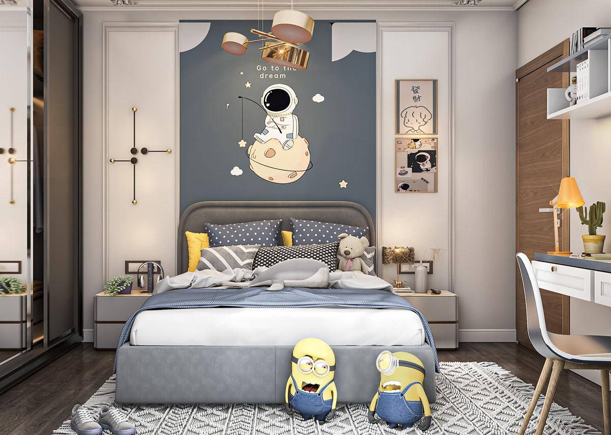 Phòng ngủ con trai sử dụng giấy dán tường với hình ảnh trang trí ngộ nghĩnh, sinh động.