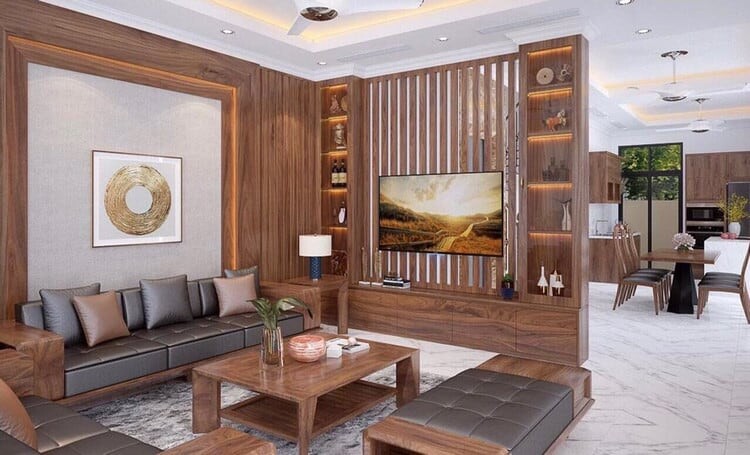 Không gian phòng khách đẹp và sang trọng với nội thất gỗ tự nhiên.