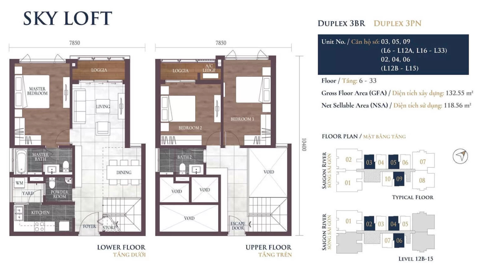 Mặt bằng căn Duplex 3 phòng ngủ