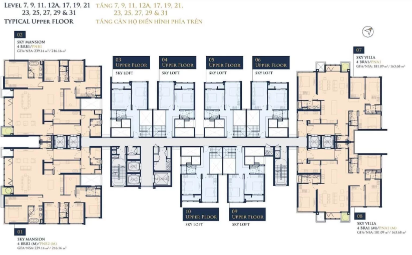 Mặt bằng các tầng 7, 9, 11, 12A, 17, 19, 21, 23, 25, 27, 29 và 31 thuộc tòa Altaz dự án ​ Feliz En Vista